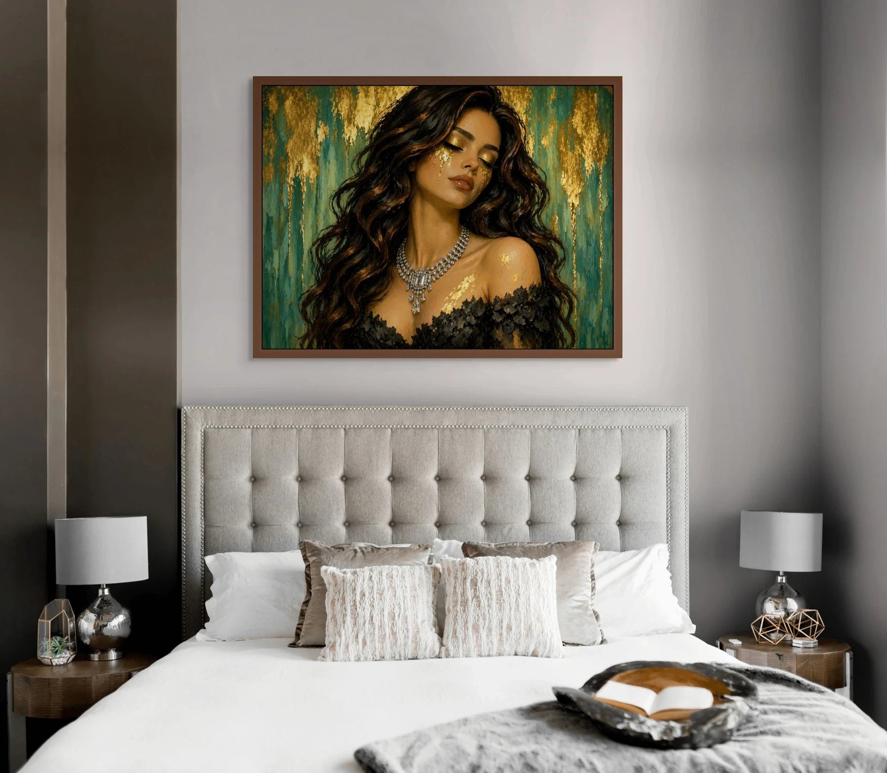 Luxury gold leaf original painting in oak frame displayed above bed, designed for elegant bedroom interiors
