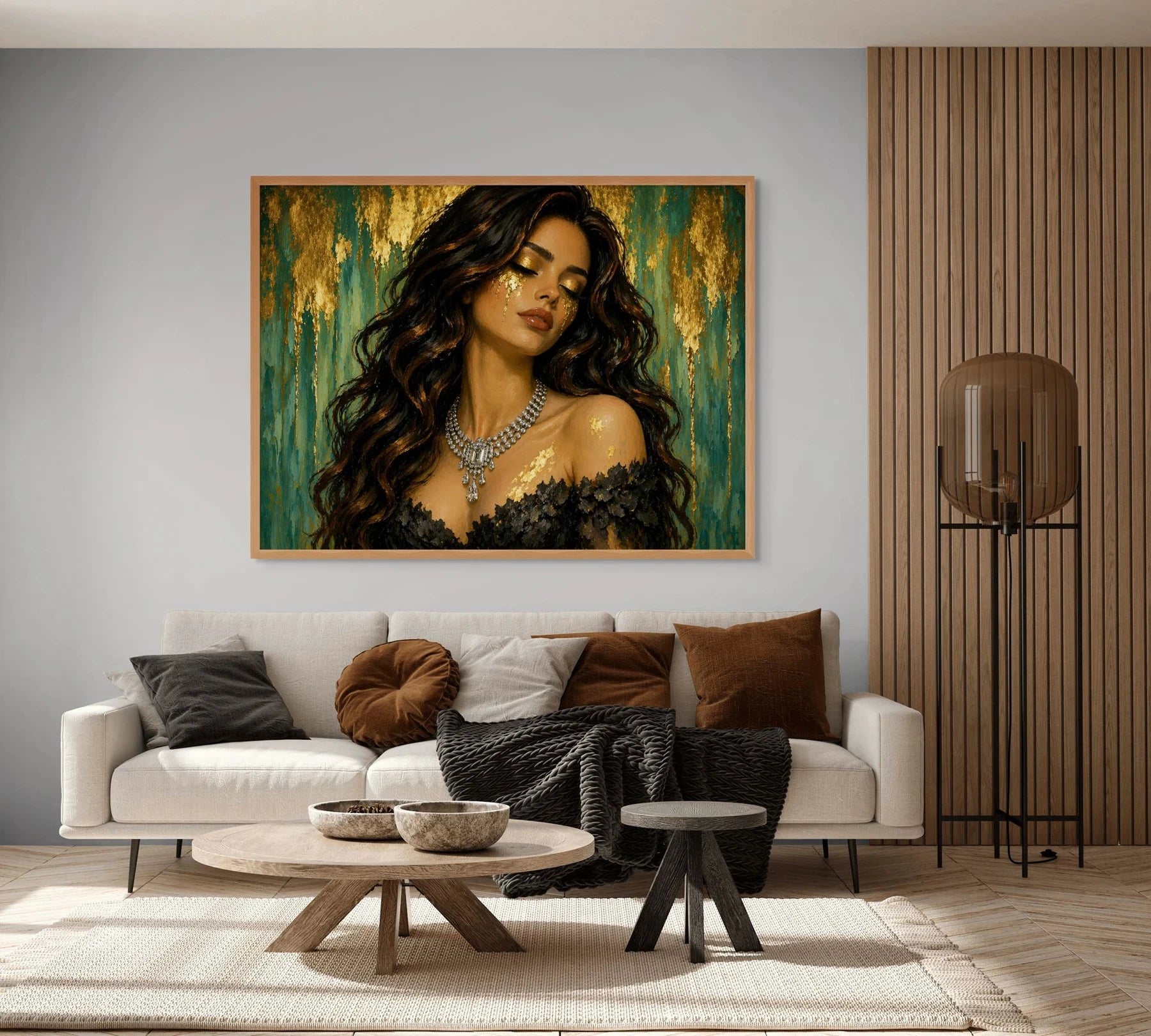 Luxury gold leaf original painting in oak frame displayed above sofa, designed for warm modern living room interiors