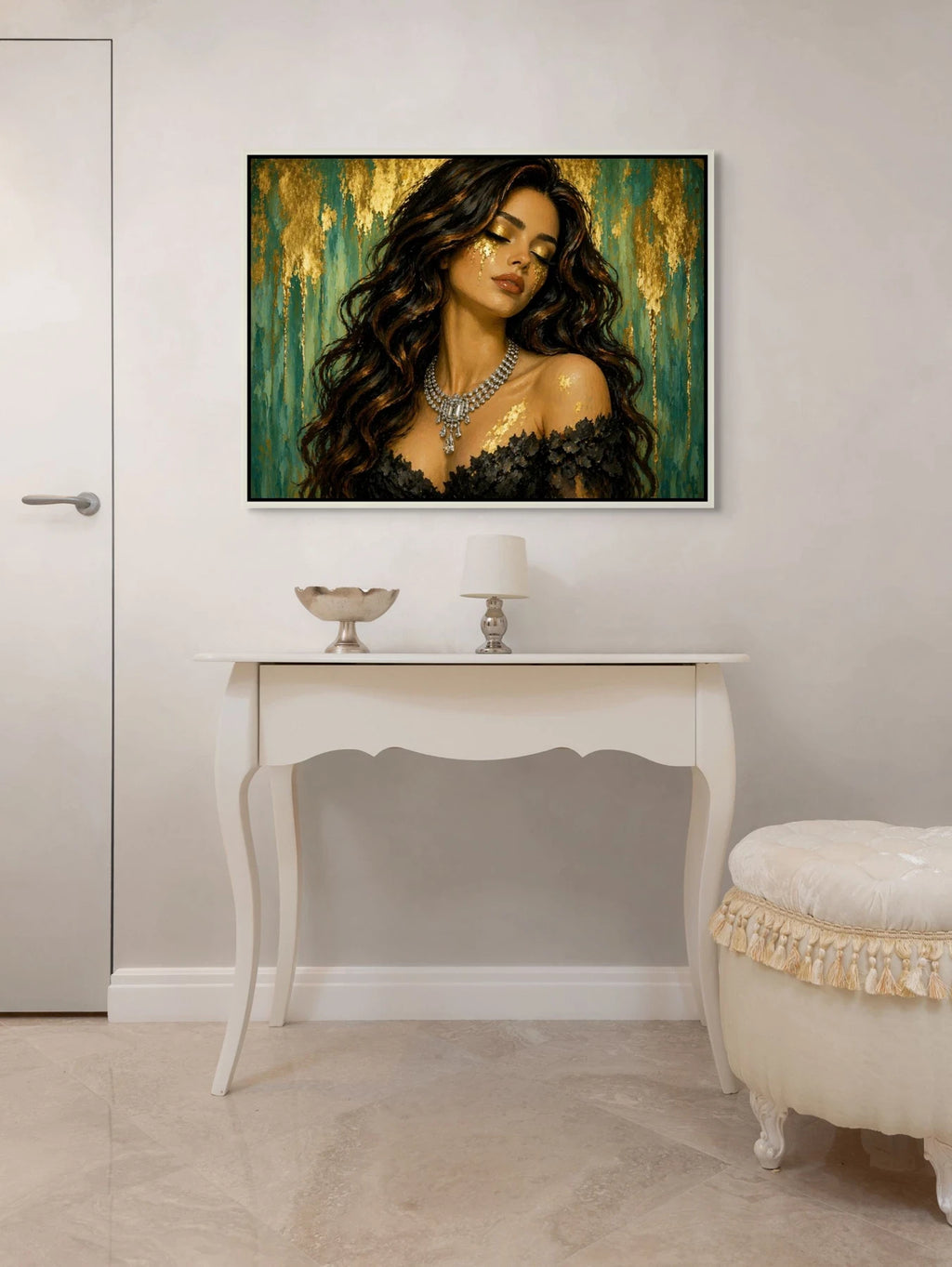 Luxury gold leaf original painting in white frame displayed above console table, designed for modern hallway and living room interiors