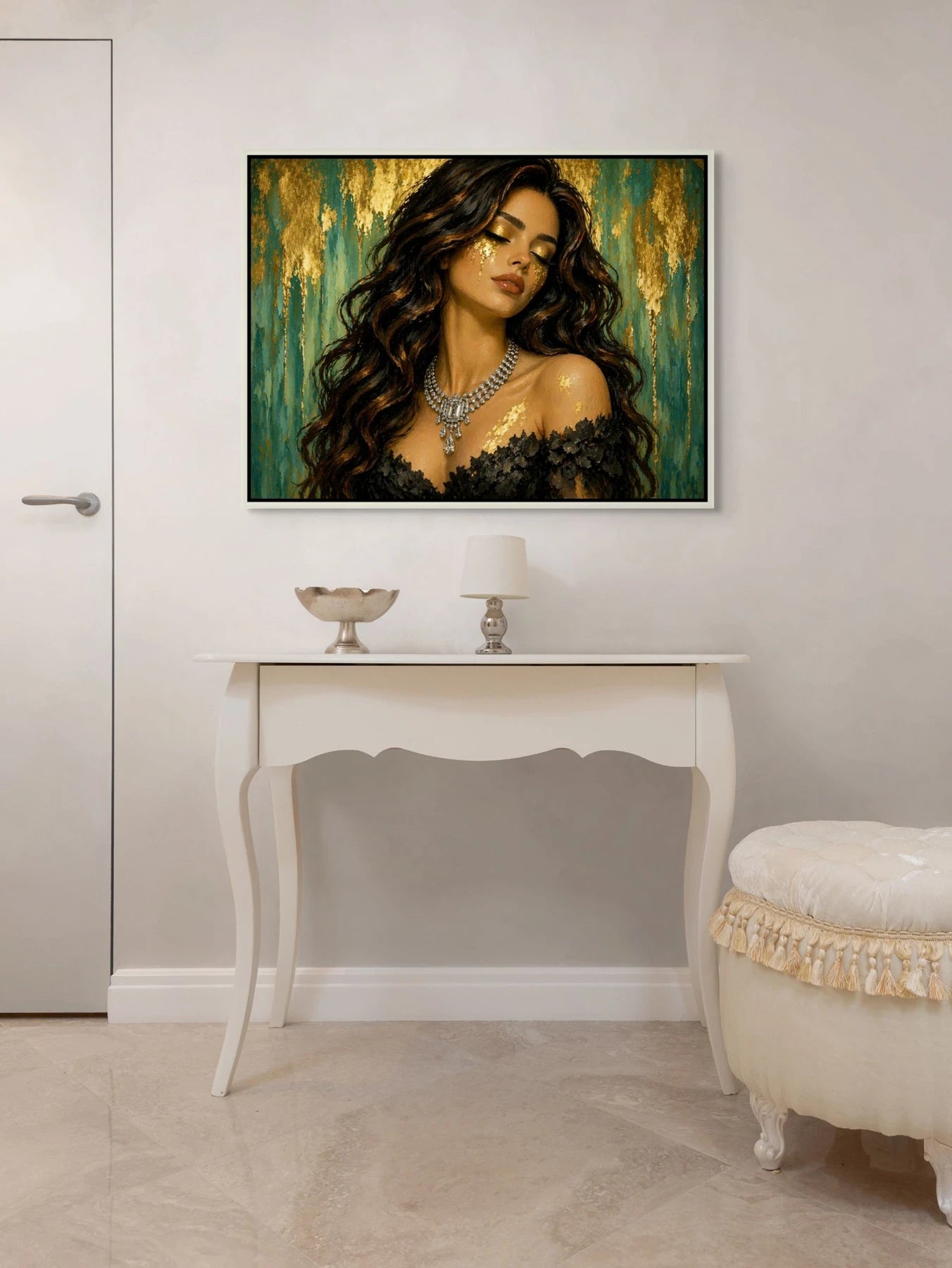 Luxury gold leaf original painting in white frame displayed above console table, designed for modern hallway and living room interiors