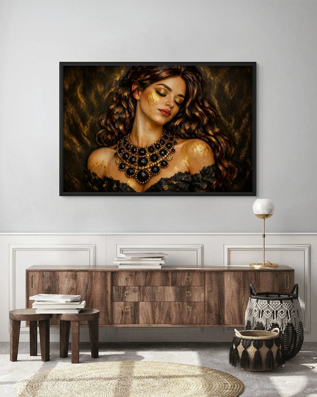 Luxury gold leaf original painting in black frame displayed above credenza, designed for modern living room and entryway interiors