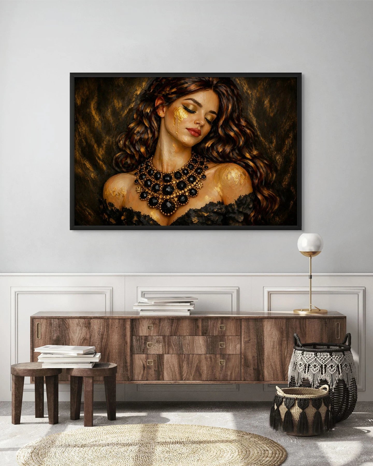 Luxury gold leaf original painting in black frame displayed above credenza, designed for modern living room and entryway interiors