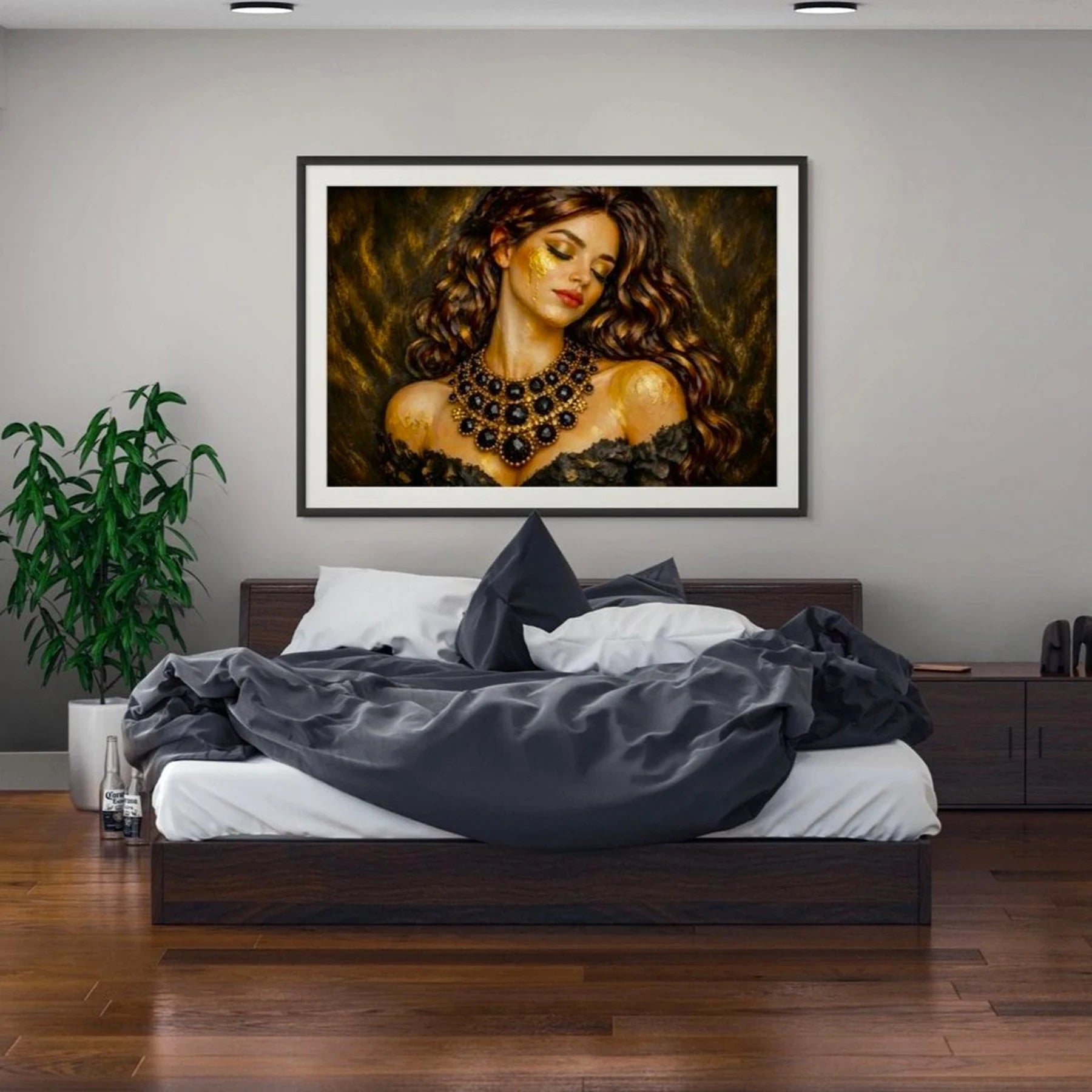 Luxury gold leaf original painting close-up in bedroom setting, showcasing texture and detail for modern interior styling