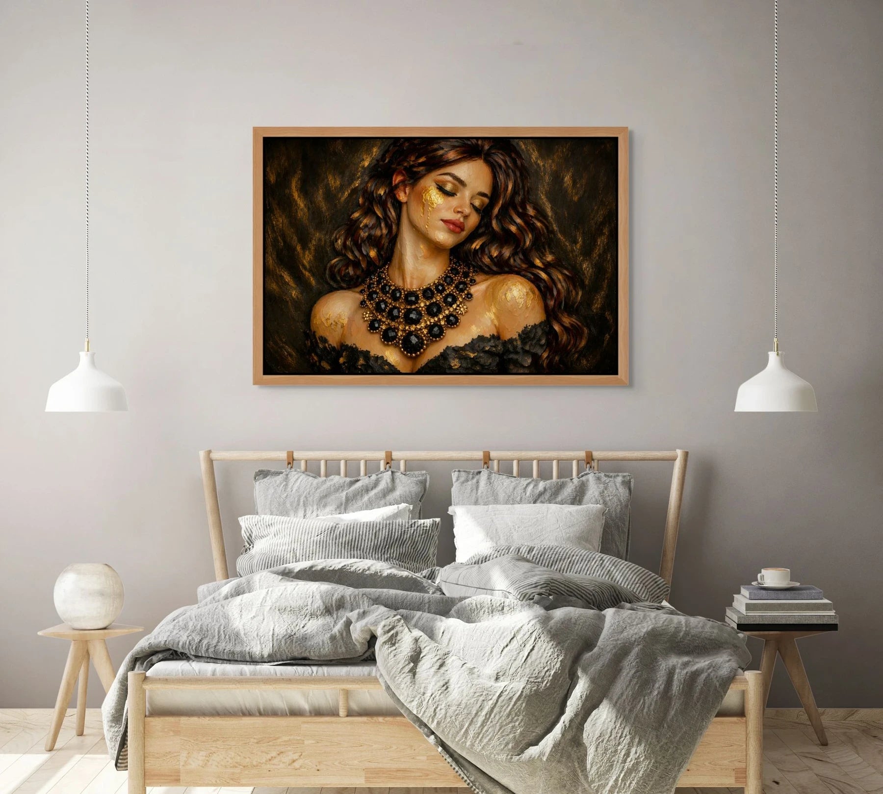 Luxury gold leaf original painting displayed above bed, designed for calm and refined bedroom interiors