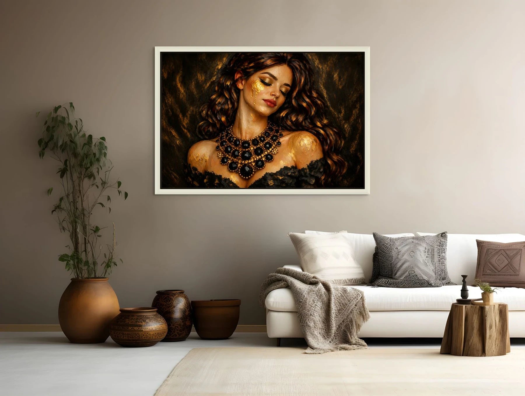 Luxury gold leaf original painting displayed above sofa, designed for neutral modern living room interiors with warm tones