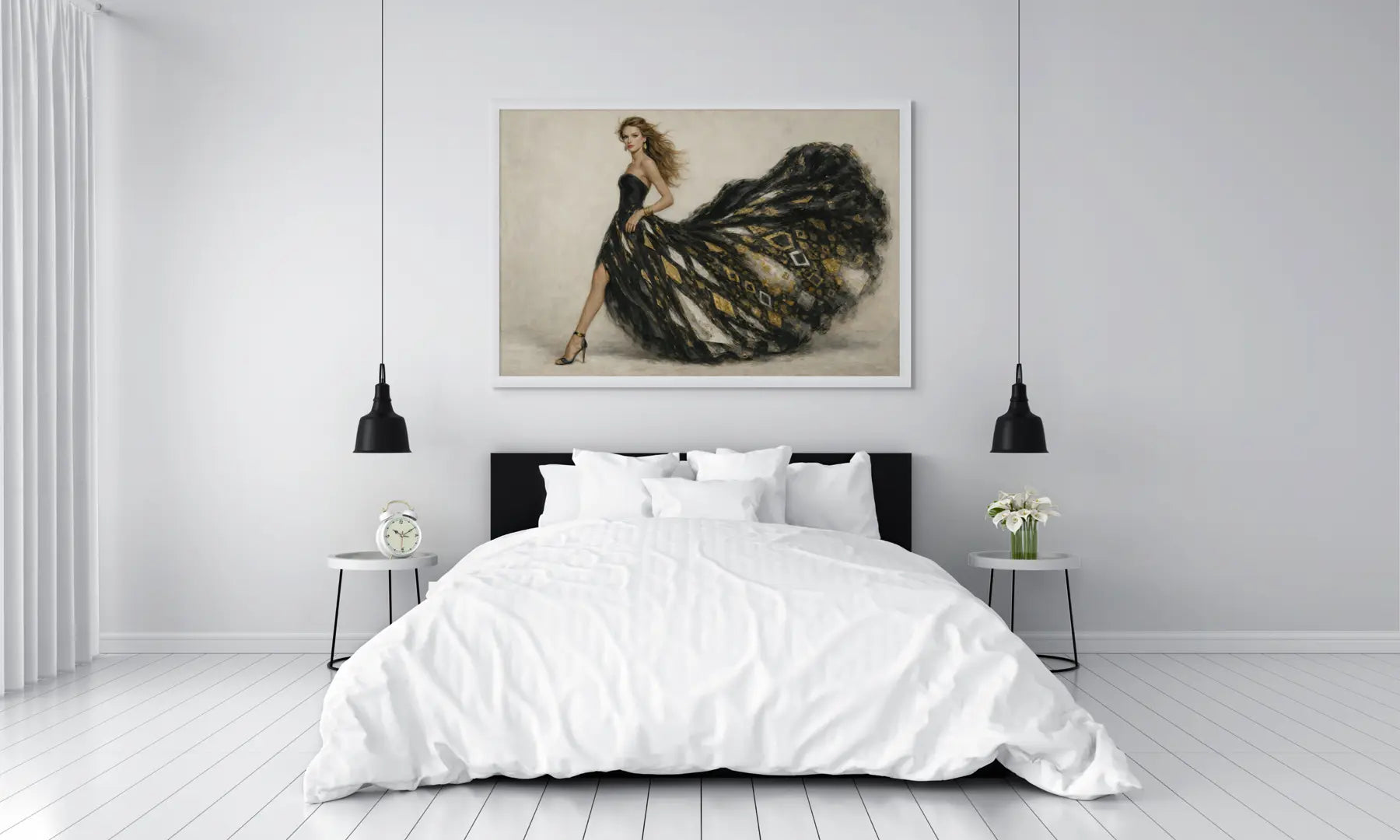 Luxury gold leaf wall art above bed featuring a woman in a flowing black and gold gown in a modern minimalist bedroom