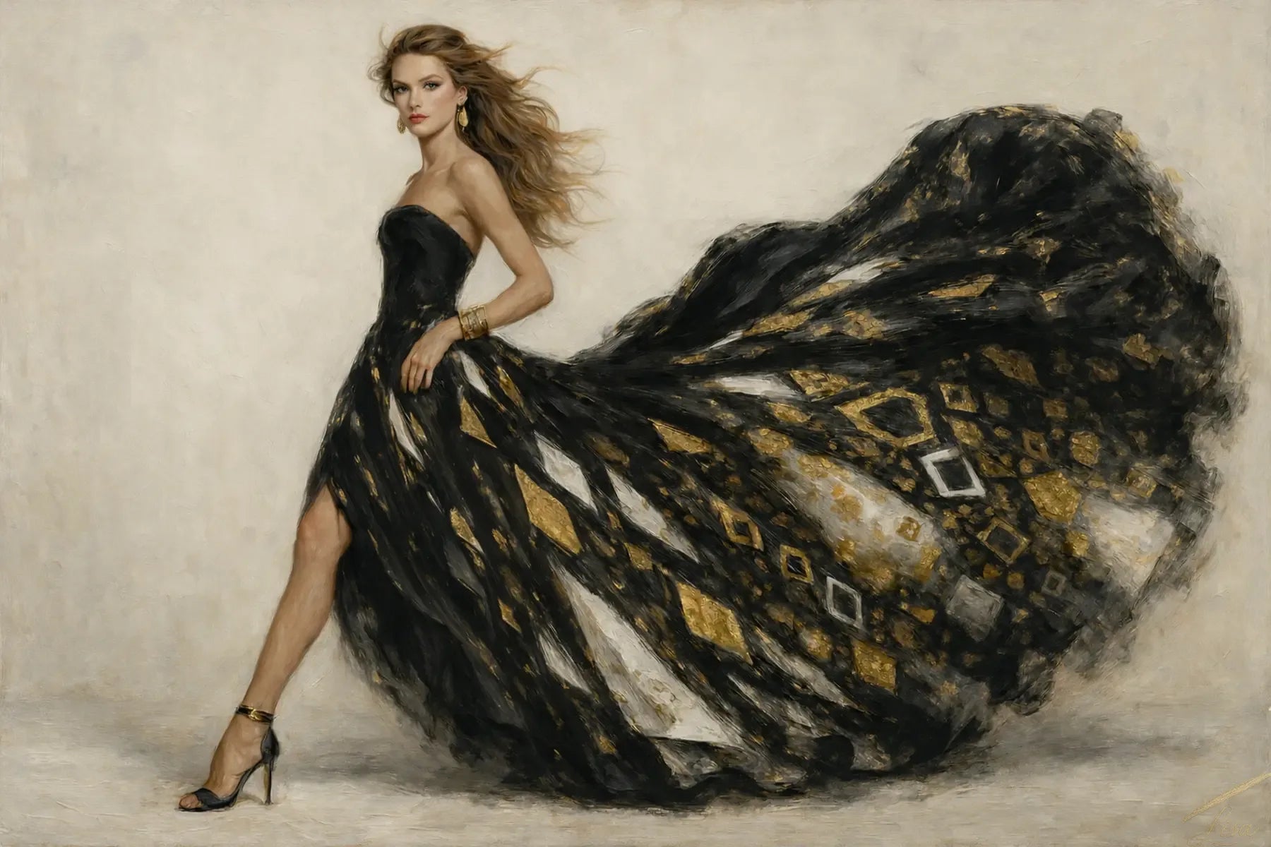 Luxury gold leaf fashion artwork of a glamorous woman in a flowing black and gold gown with painterly texture and dramatic movement