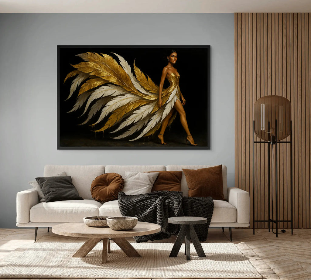 Gold feather portrait artwork displayed above sofa in a modern living room with warm neutral tones