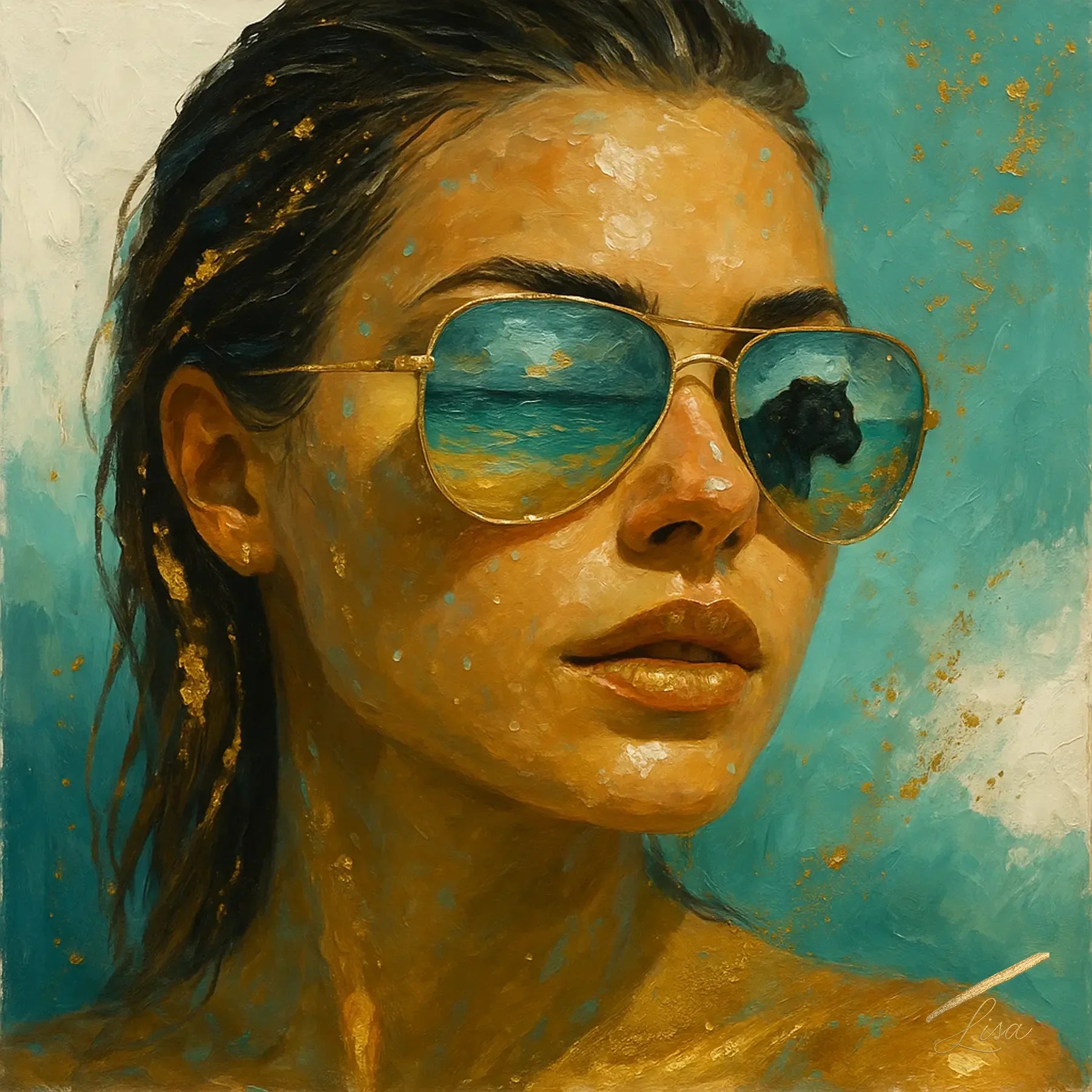 Luxury fine art portrait of a woman wearing reflective gold-rim sunglasses, painted in teal and turquoise tones with gold foil accents, contemporary coastal-inspired wall art.