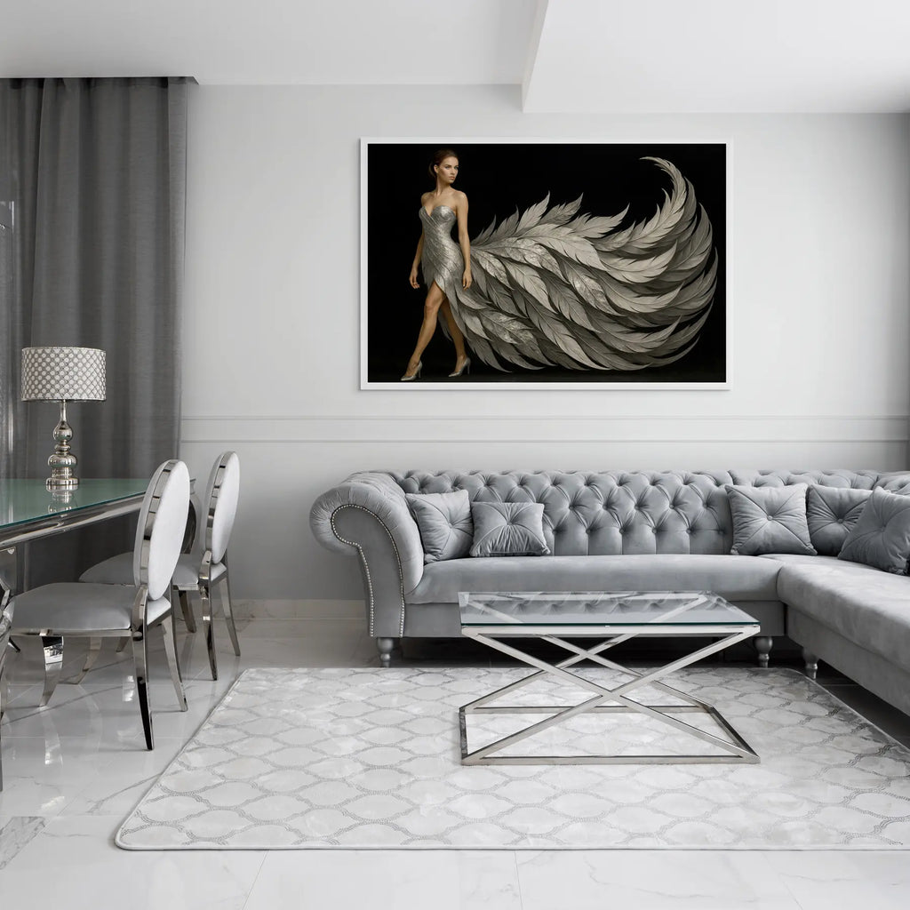 Luxury silver wall art print in white frame styled above sofa in a contemporary living room, ideal for minimalist and modern homes.