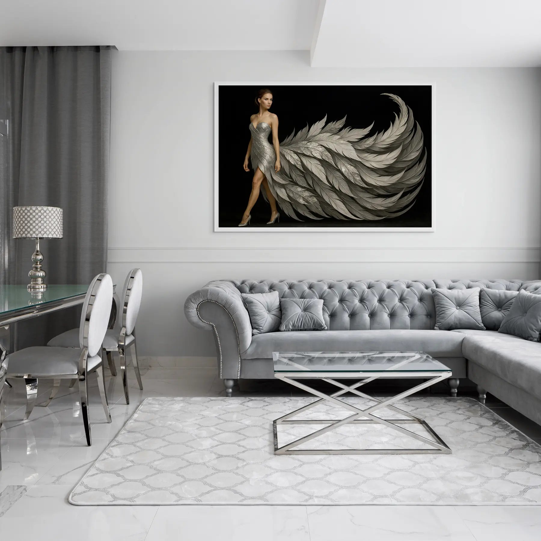 Luxury silver wall art print in white frame styled above sofa in a contemporary living room, ideal for minimalist and modern homes.