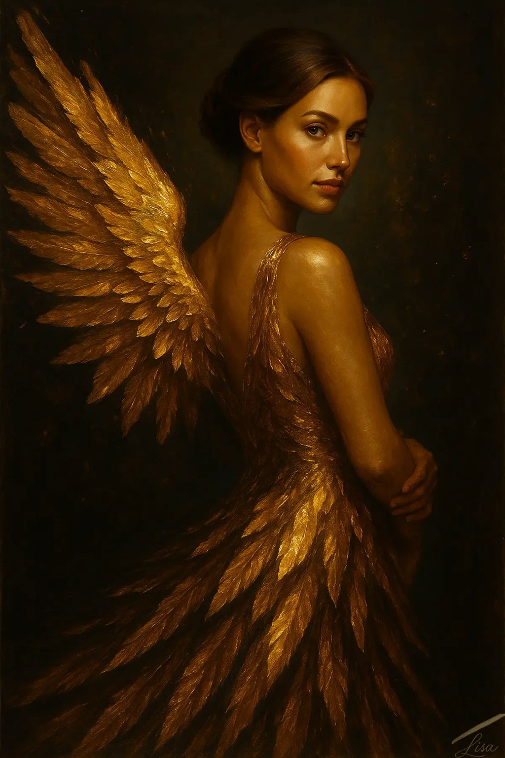 Luxury gold leaf portrait artwork of a woman with golden wings in a dark, painterly background