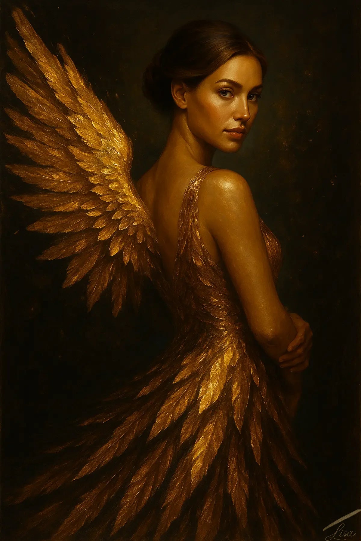 Luxury gold leaf portrait artwork of a woman with golden wings in a dark, painterly background