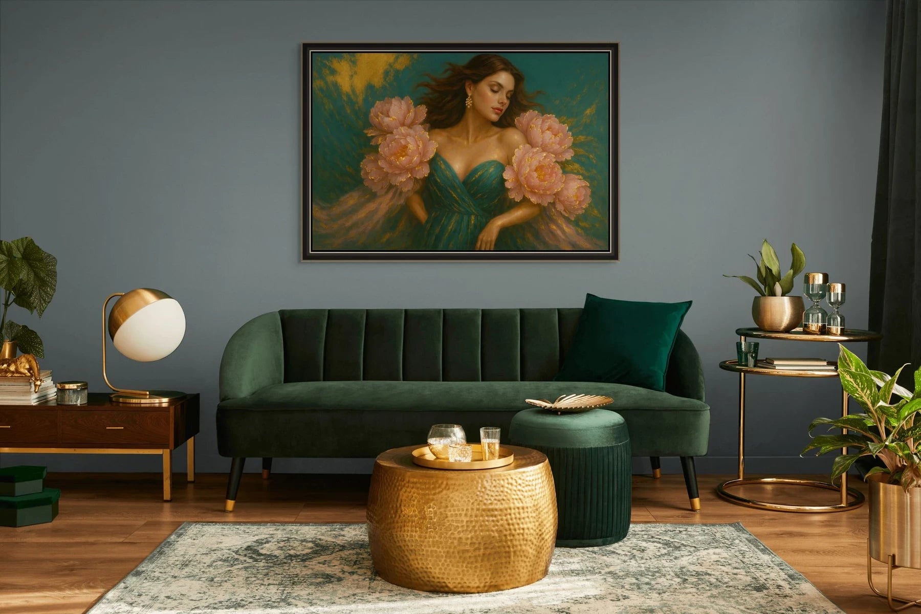 Luxury gold leaf original painting in black frame displayed above sofa, designed for modern living room interiors with warm tones