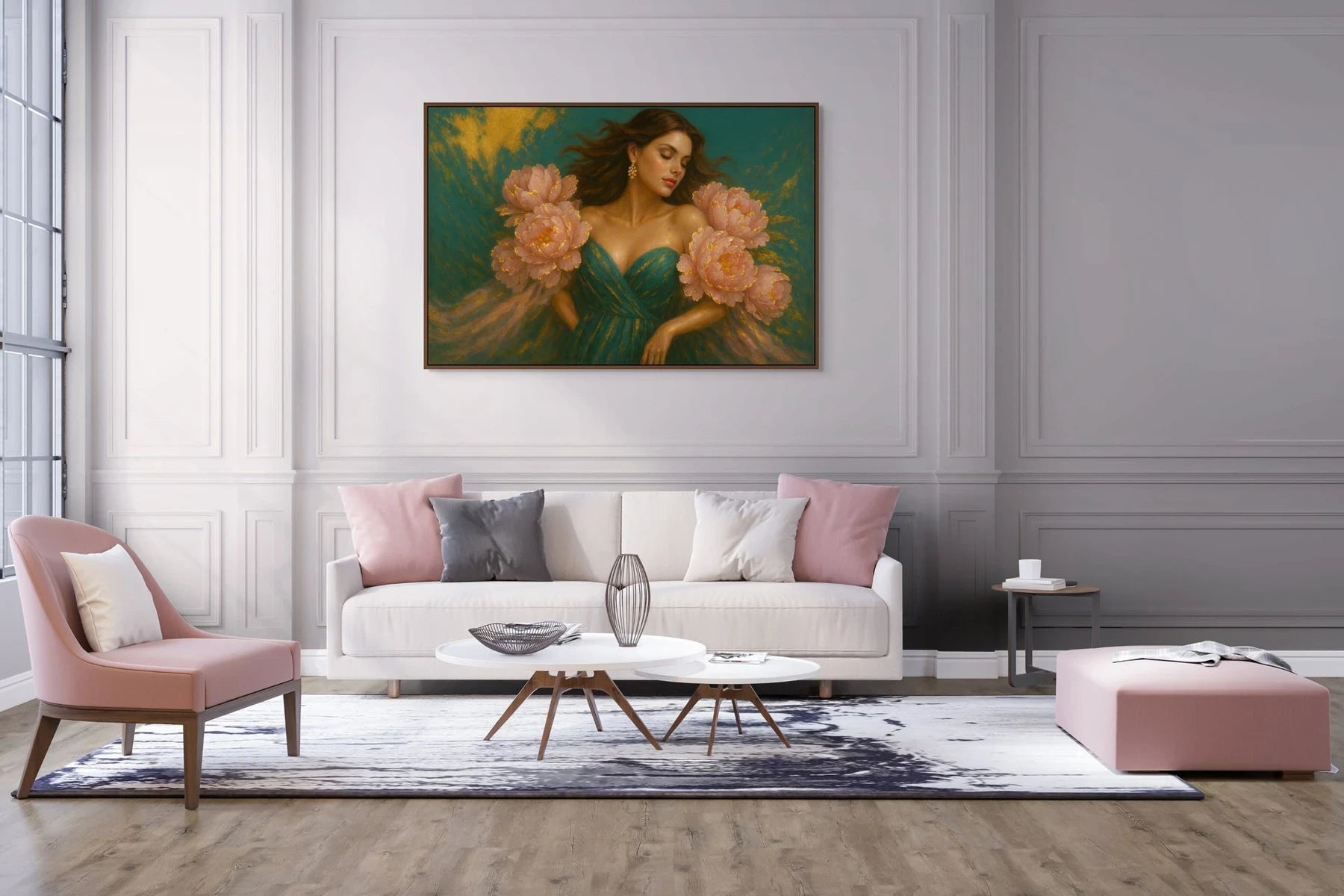 Luxury gold leaf original painting in oak frame styled above sofa, designed for soft modern living room interiors