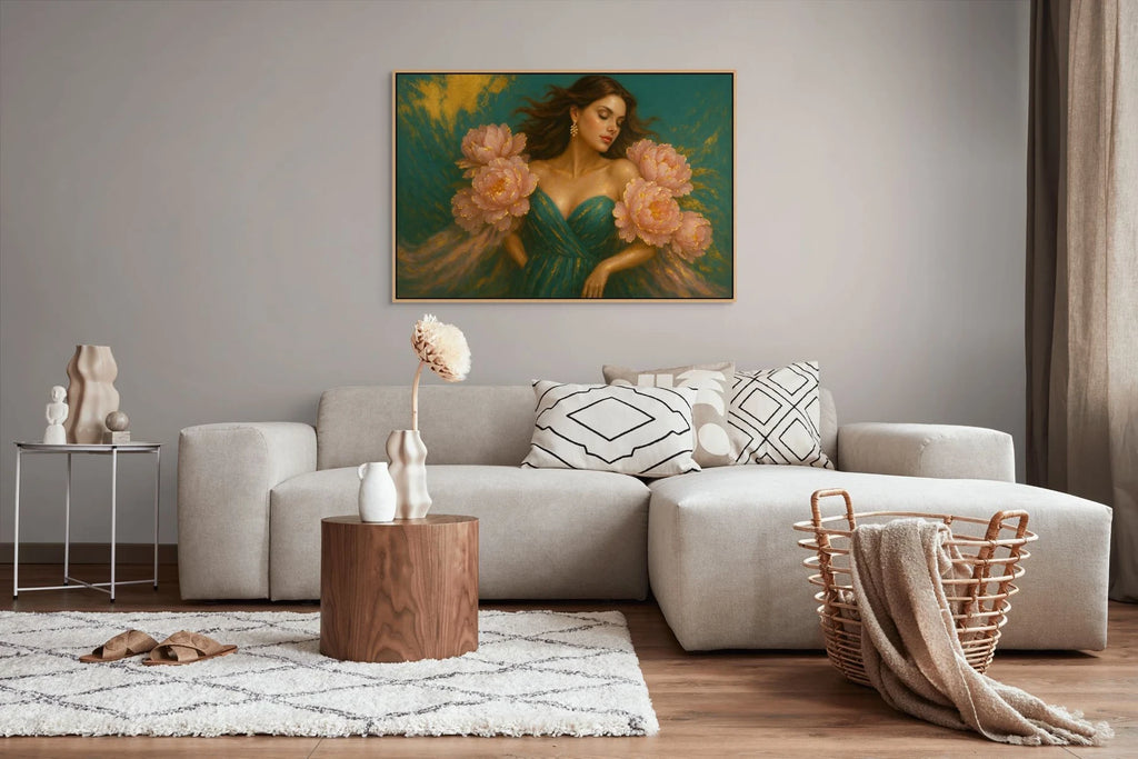 Luxury gold leaf original painting in an oak frame displayed above sofa, designed for neutral living room interiors