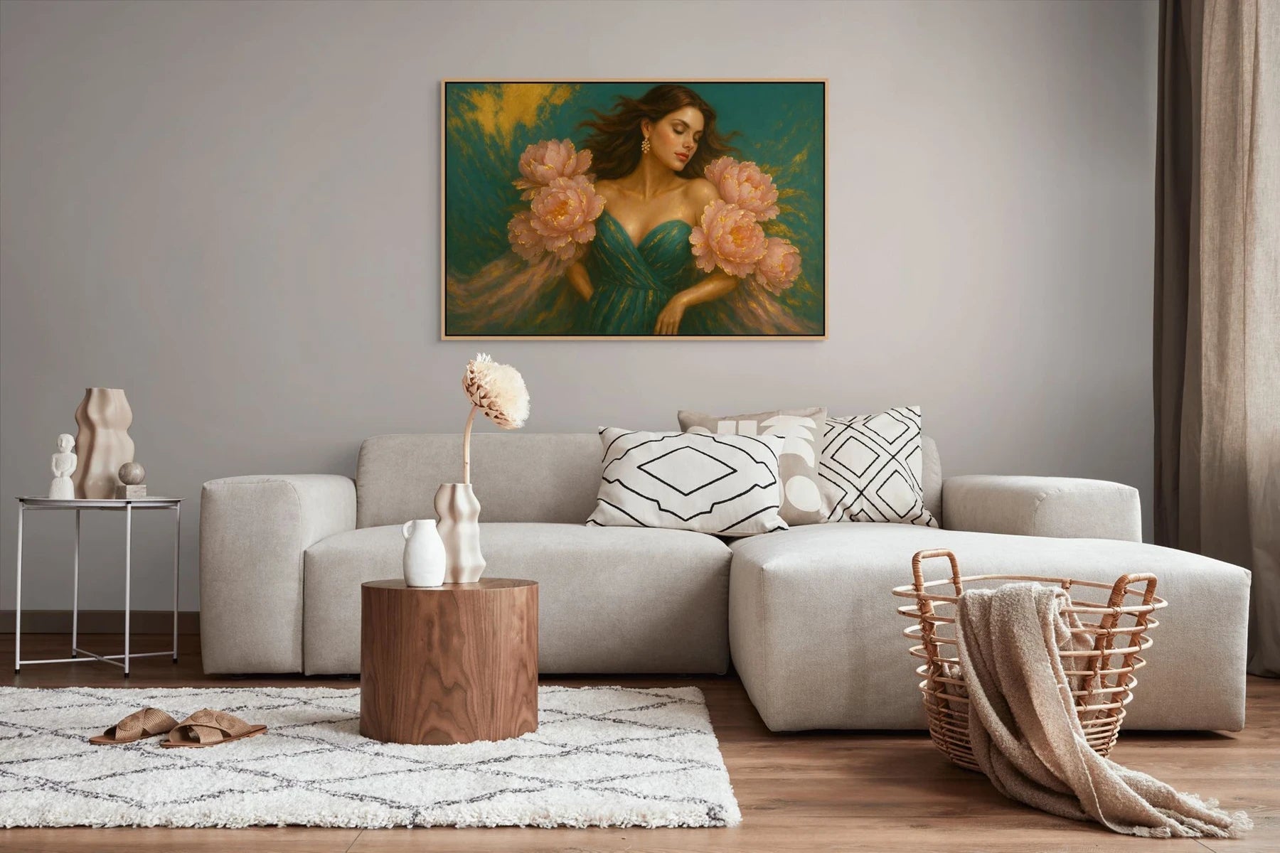 Luxury gold leaf original painting in an oak frame displayed above sofa, designed for neutral living room interiors