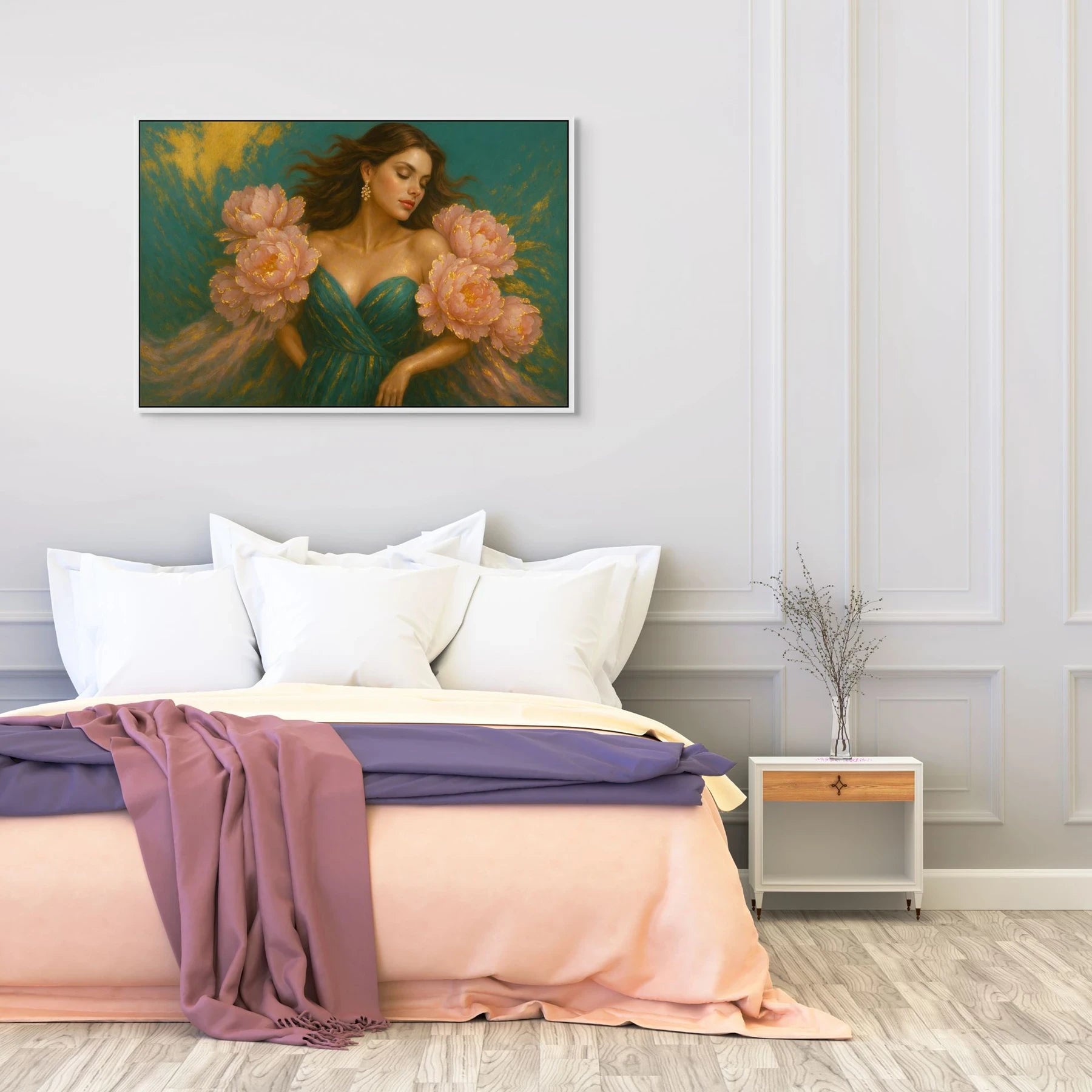 Luxury gold leaf original painting in white frame displayed above bed, designed for elegant bedroom interiors