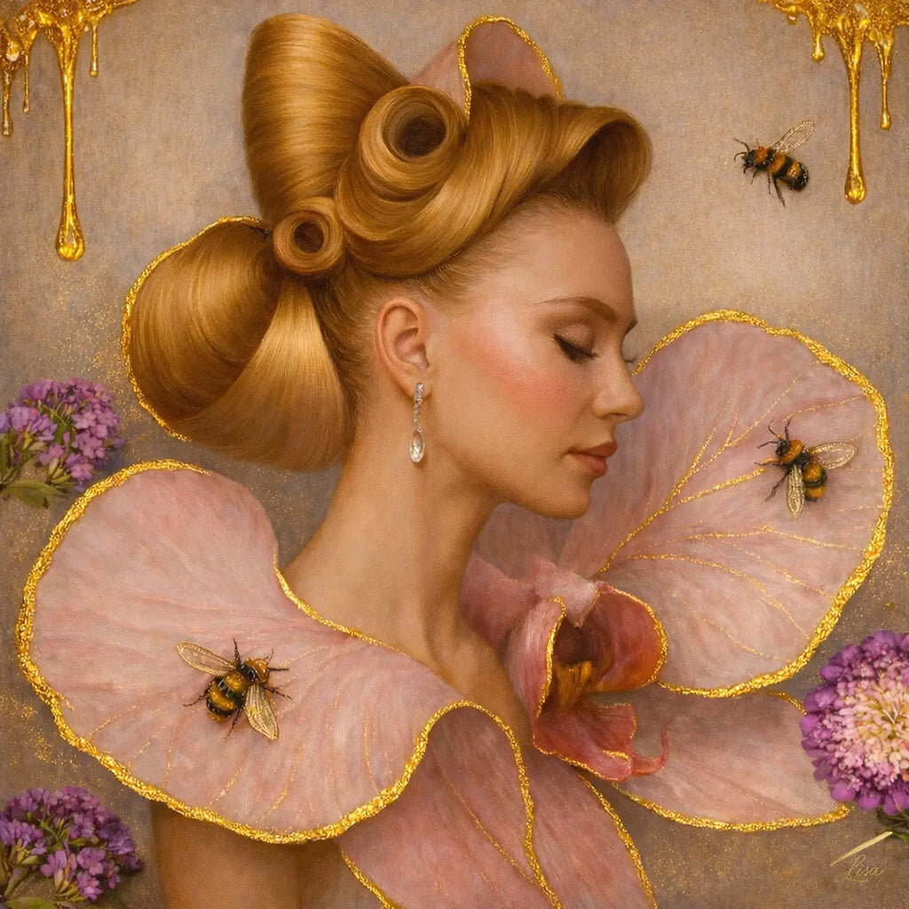 Luxury gold leaf portrait painting featuring a serene woman with sculptural blonde hair, soft pink floral collar, and bees, accented with textured gold foil on a warm neutral background.