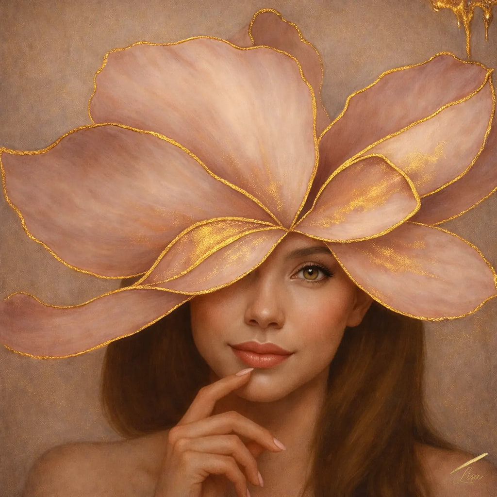 Luxury gold leaf portrait painting featuring a serene woman with a soft pink floral headpiece outlined in gold, painted in warm neutral tones.