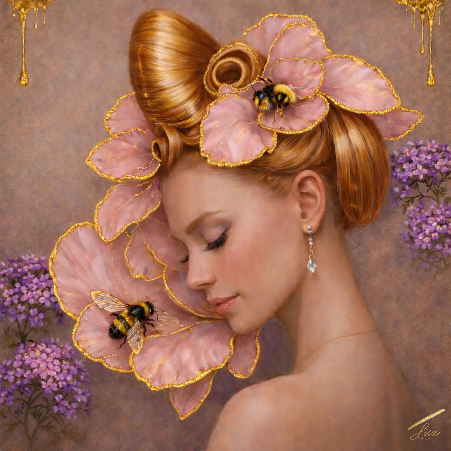 Luxury gold leaf portrait painting featuring a serene woman with sculptural blonde hair, blush pink florals outlined in gold, and symbolic bees on a warm neutral background.
