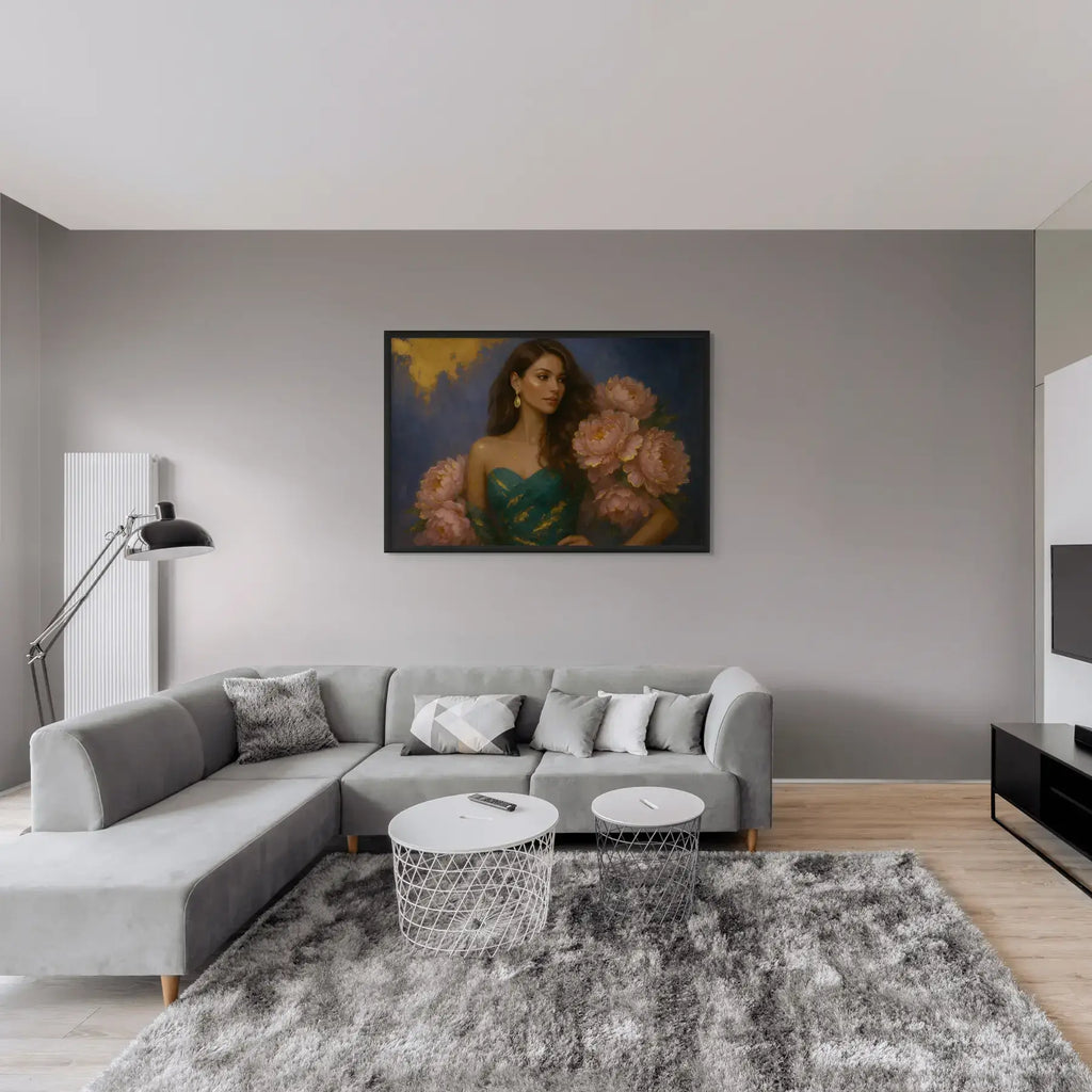 Luxury gold leaf original painting Peony Lady – Emerald Poise displayed in a black frame above a grey sofa in a modern living room interior.