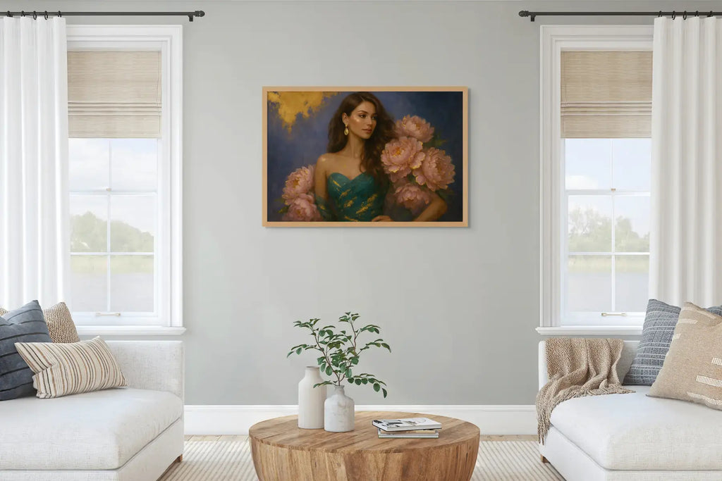 Luxury gold leaf original painting Peony Lady – Emerald Poise displayed in an oak frame above a sofa in a refined living room interior.