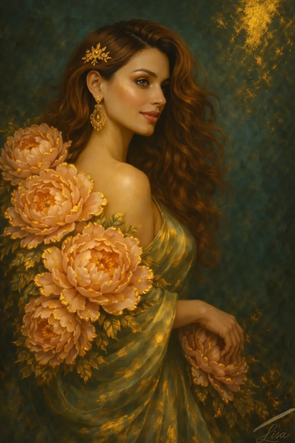 Close-up detail of a luxury gold leaf original painting showing a woman with flowing auburn hair, gold floral adornments, blush peonies, and a deep green textured background.