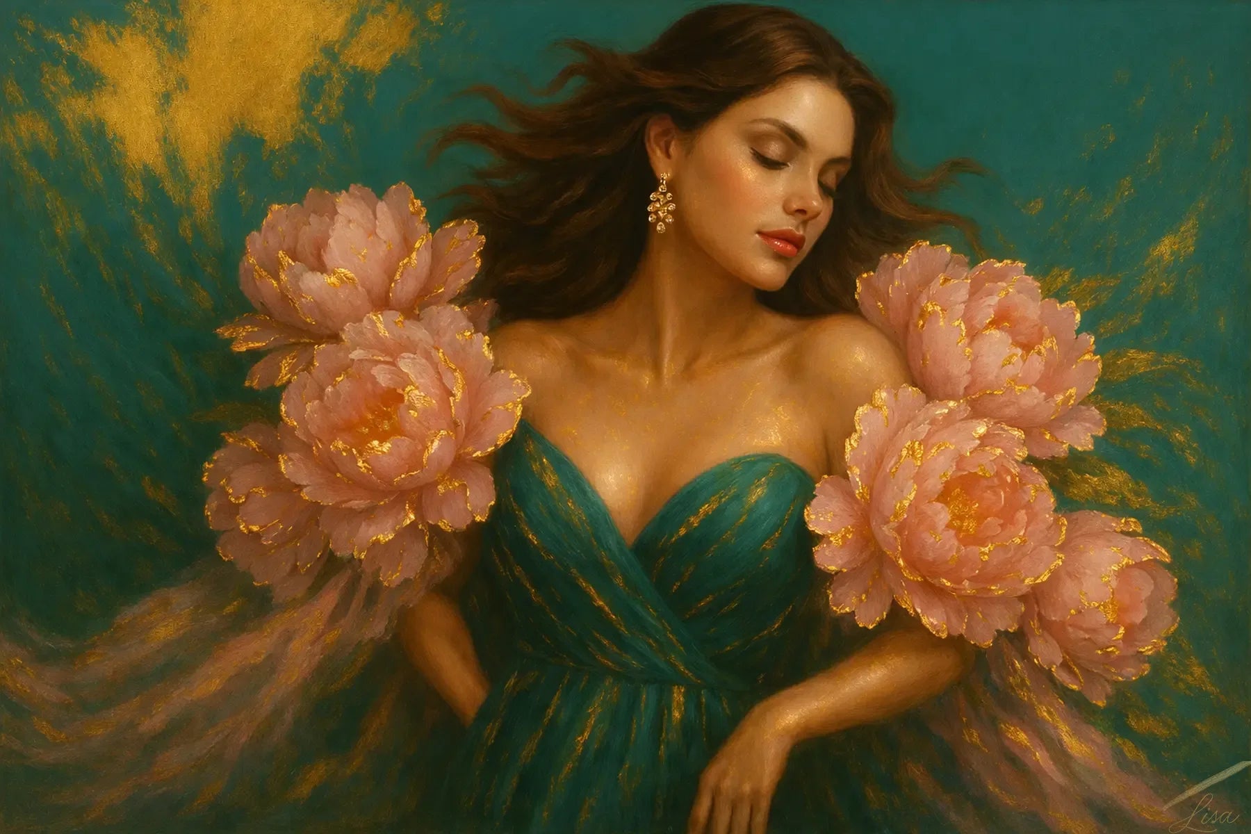 Luxury gold leaf original painting featuring a feminine portrait with blush peonies, designed for elegant bedroom and living room interiors.