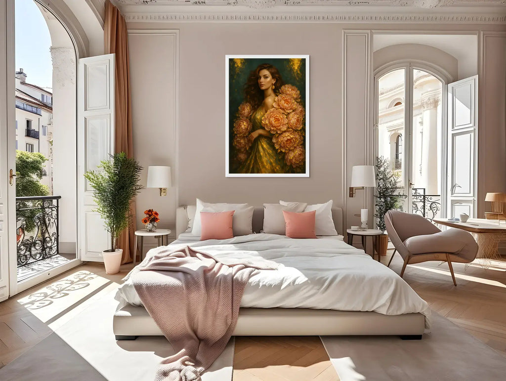 Luxury gold leaf original painting “Peony Lady – Golden Stillness” displayed above a bed in an elegant bedroom with arched windows, soft neutral décor, and blush accents, showcasing a glamorous female portrait surrounded by peony flowers and gold detailing.