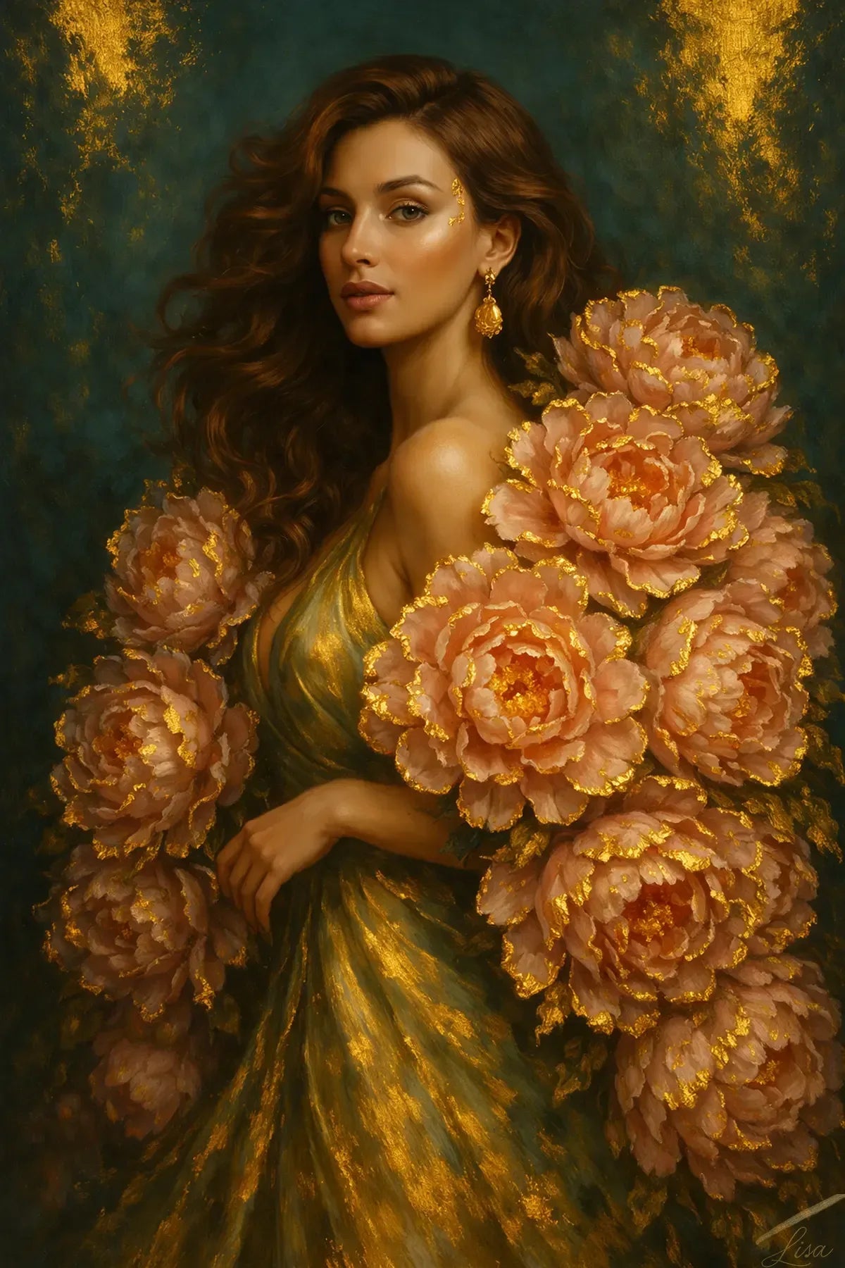 Luxury gold leaf original painting “Peony Lady – Golden Stillness” featuring a glamorous female muse in a gold-toned gown, surrounded by layered peony flowers with hand-applied gold leaf on a deep green background.