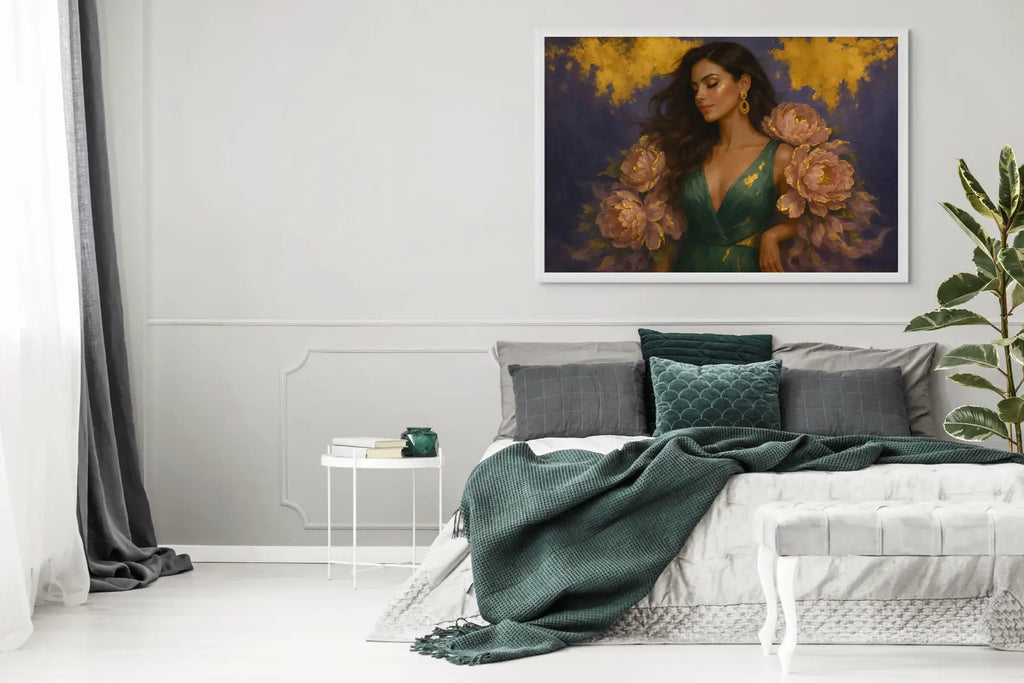 Luxury gold foil portrait painting featuring a woman in an emerald green dress with peony florals, displayed in a white frame above a contemporary bed in a calm, neutral bedroom interior.
