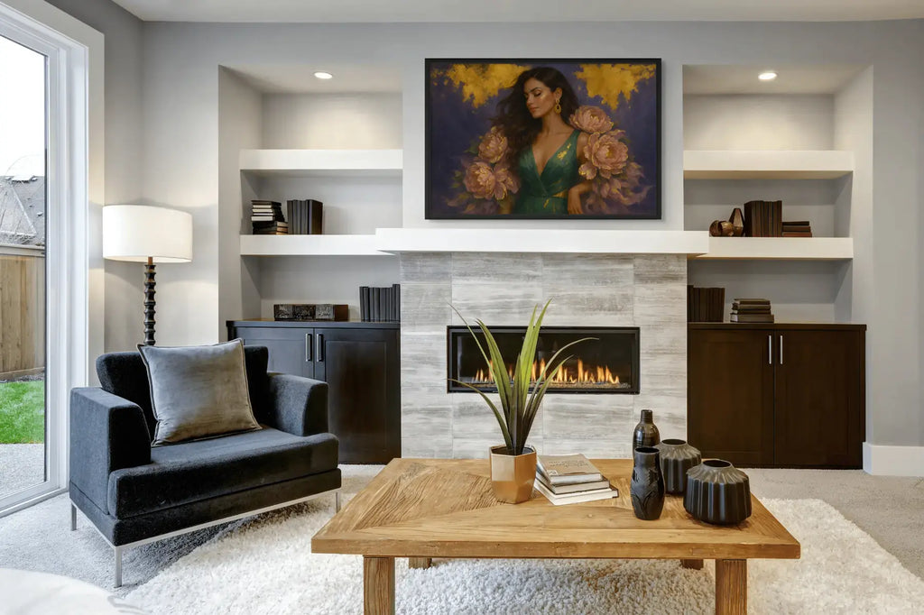 Luxury gold leaf portrait painting featuring a refined woman in an emerald gown with peony florals, displayed in a black frame above a fireplace in a modern living room setting.