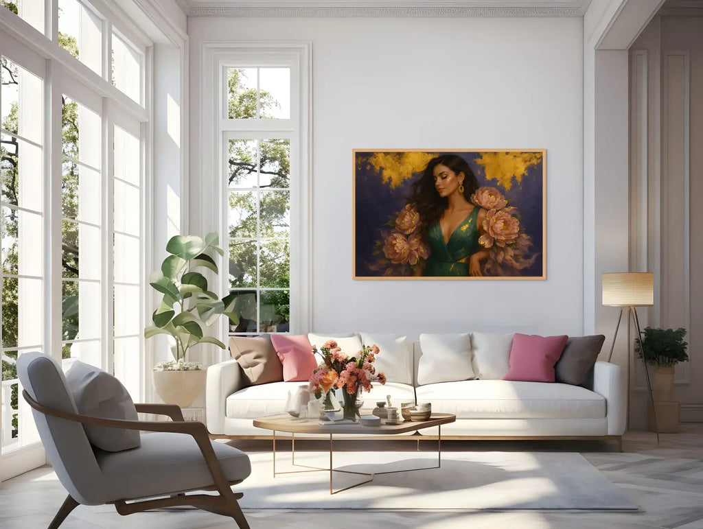 Luxury gold leaf original portrait painting of an elegant woman in an emerald green gown with blush peonies, framed in natural oak and styled above a white sofa in a bright, refined living room.