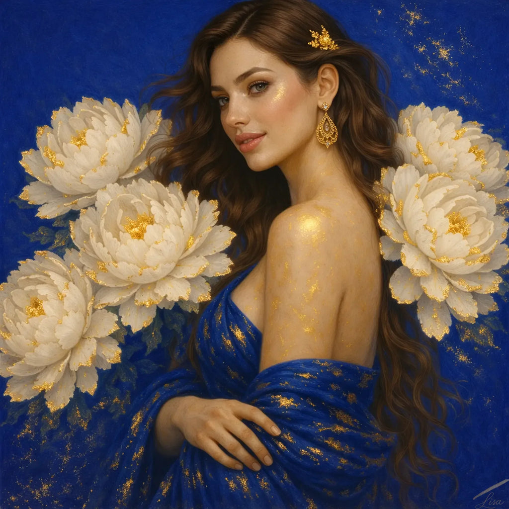 Luxury gold leaf original painting Peony Lady – Sapphire Bloom featuring an elegant female portrait with white peonies, royal blue background, and hand-applied gold leaf details