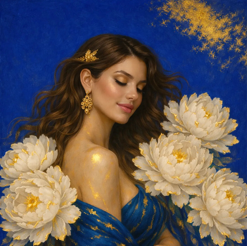 Luxury gold leaf original painting Sapphire Luminance featuring a serene brunette muse against a rich sapphire blue background with oversized ivory peonies and hand-applied gold accents.