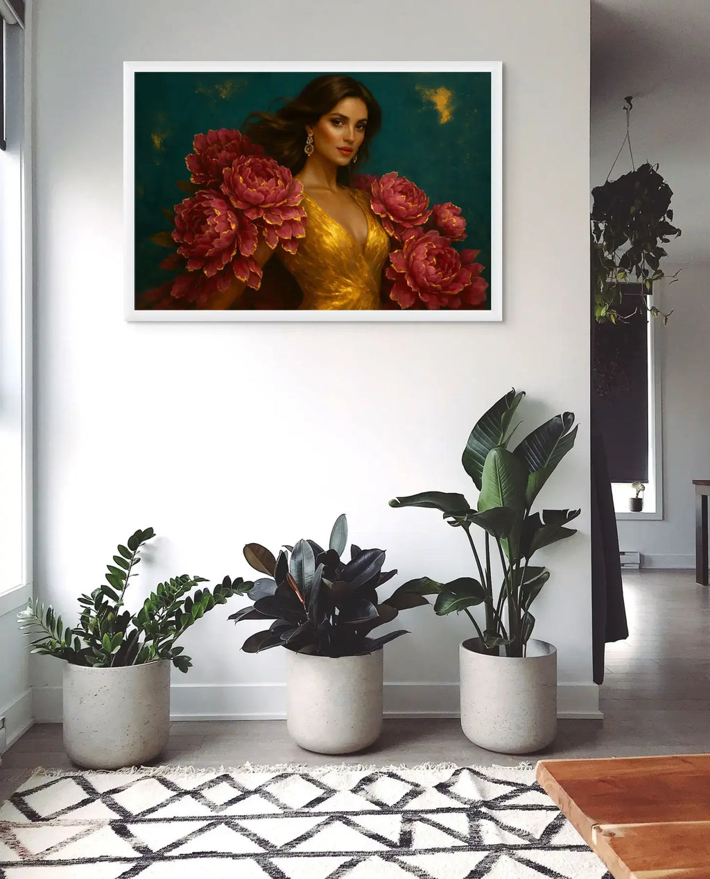 Luxury gold leaf original painting Scarlet Presence by Luxe Wall Art by Lisa, crimson peony portrait with gold accents, displayed in white frame above indoor plants