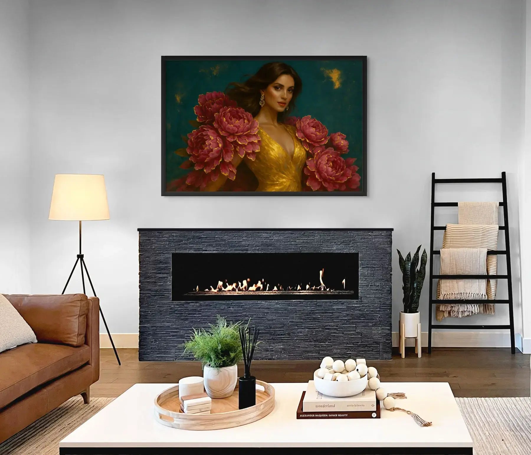 Luxury gold leaf original painting Scarlet Presence by Luxe Wall Art by Lisa, portrait of elegant woman with crimson peonies and gold detailing, displayed above modern fireplace in black frame