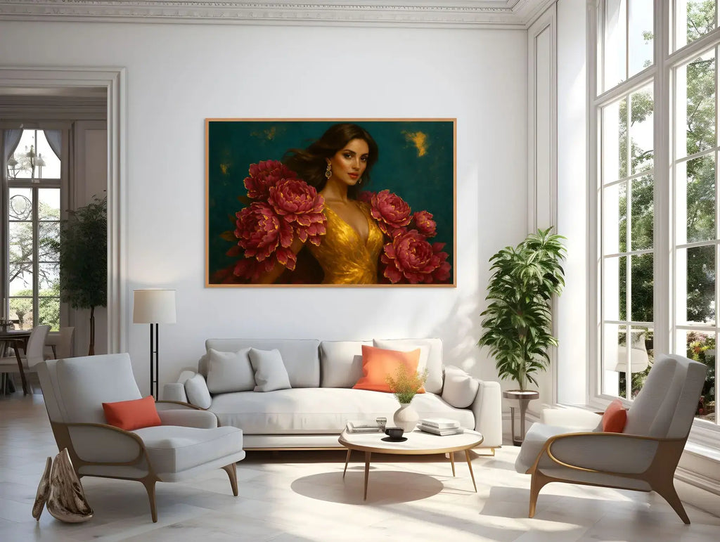 Living room mockup – oak frame – large bright interior
Luxury gold leaf original painting Scarlet Presence by Luxe Wall Art by Lisa, dramatic red peony portrait with gold leaf accents, displayed in oak frame in elegant living room
