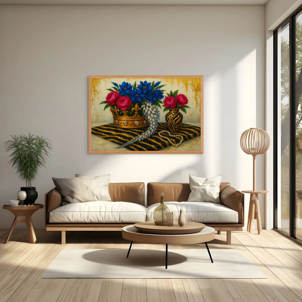 The Gilded Aviary original gold leaf painting displayed above a brown leather sofa in a modern living room, featuring a jewelled crown filled with blue and pink florals on a striped textile with pearls.