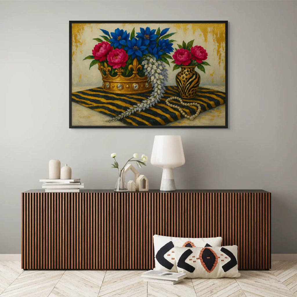 The Gilded Aviary original gold leaf artwork framed in black, styled above a ribbed timber credenza, showcasing a crown of vibrant blue and pink flowers with pearl details on a striped surface.