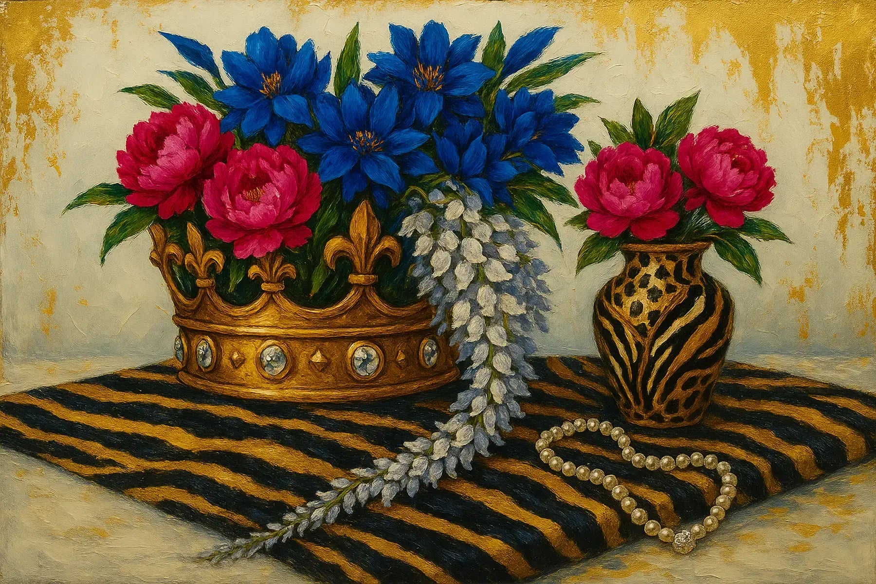 The Gilded Aviary original gold leaf painting featuring a jewelled crown filled with blue and pink florals, a leopard-patterned vase, cascading pearls, and a striped textile background.