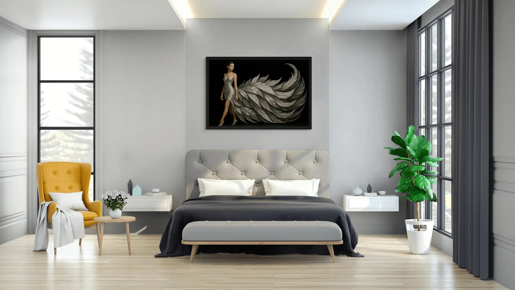 Luxury silver fine art print in black frame displayed above bed, designed for modern bedroom interiors with a minimalist aesthetic