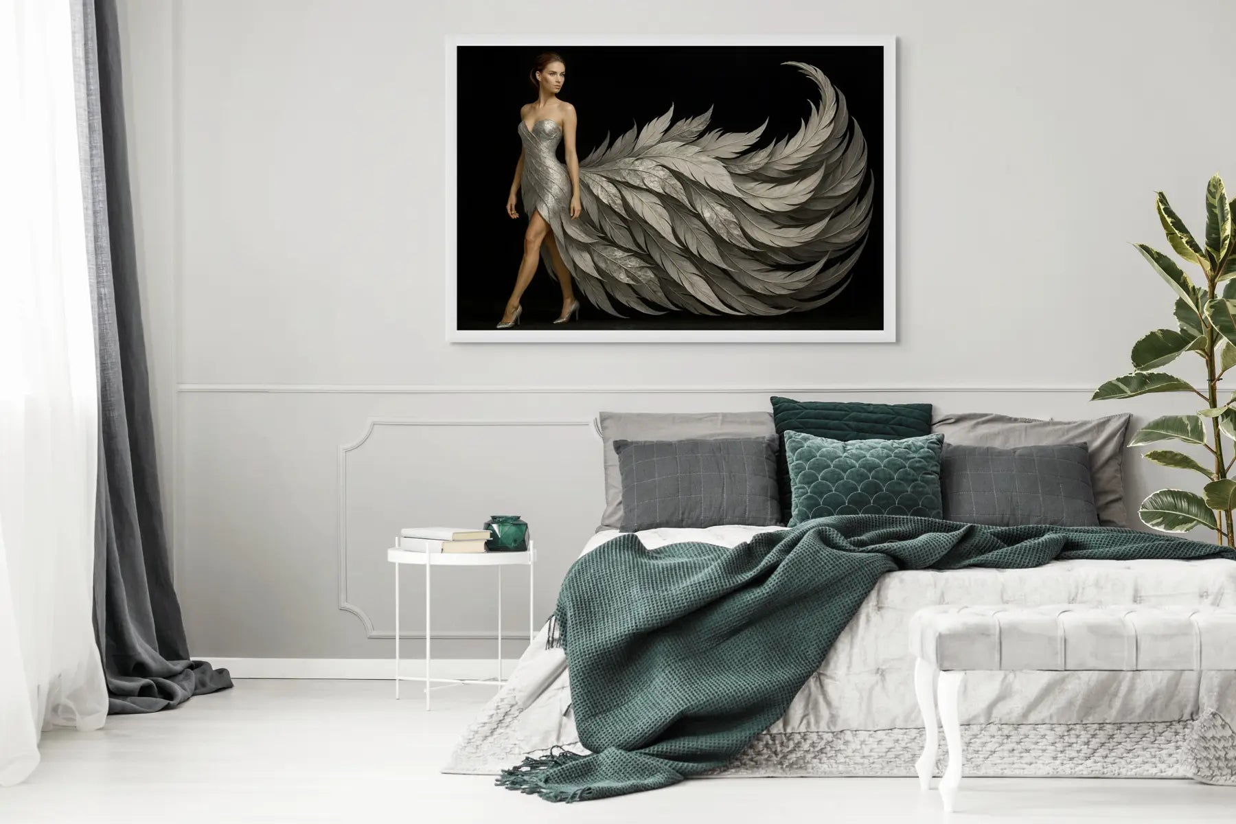 Luxury silver fine art print in a white frame styled above the bed in a bright modern bedroom, ideal for calm and contemporary interiors.
