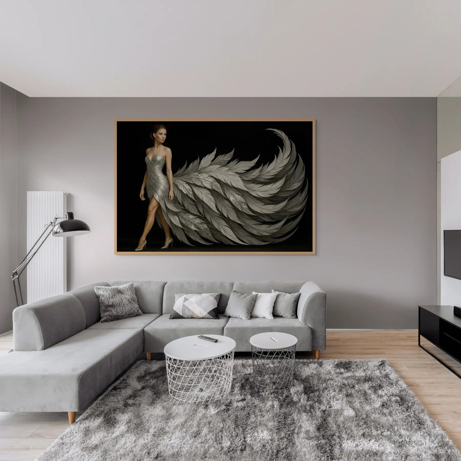 Luxury silver fine art print in oak frame displayed above sofa, designed for modern living room interiors with neutral tones.