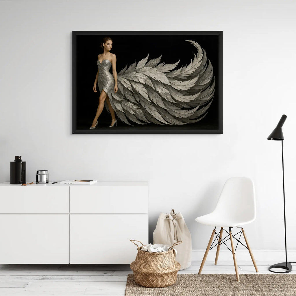 Luxury silver fine art print displayed above a white credenza, designed for modern interior styling in living rooms or entryways