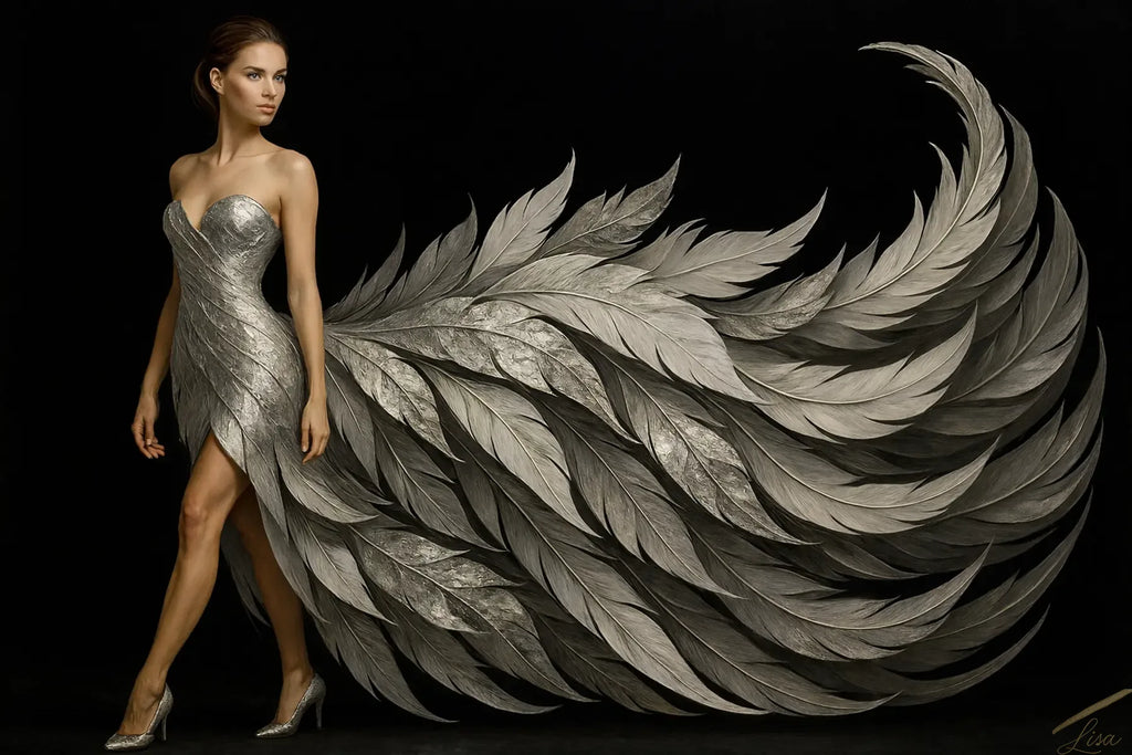 Luxury silver fine art print featuring a fashion-inspired portrait with flowing feather forms, designed for modern bedroom and living room interiors