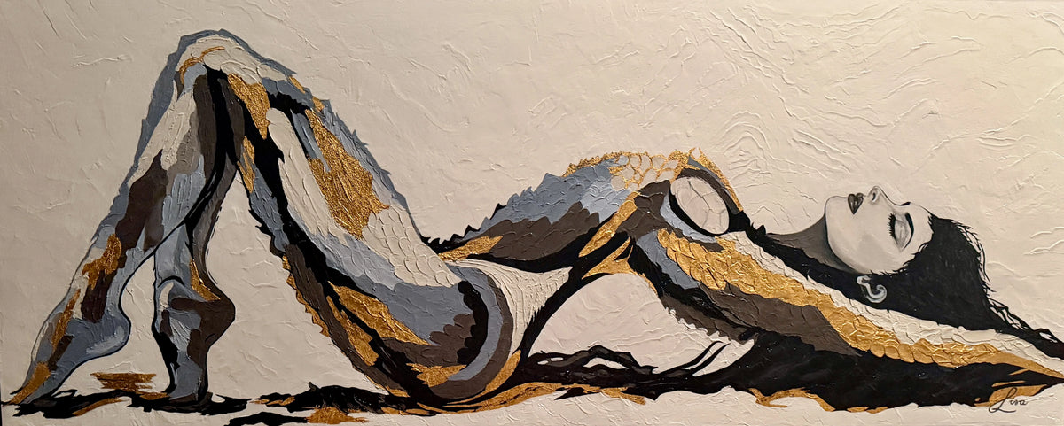 The Recline by Lisa Rees, 2026, acrylic mixed media and 23K genuine gold leaf on canvas