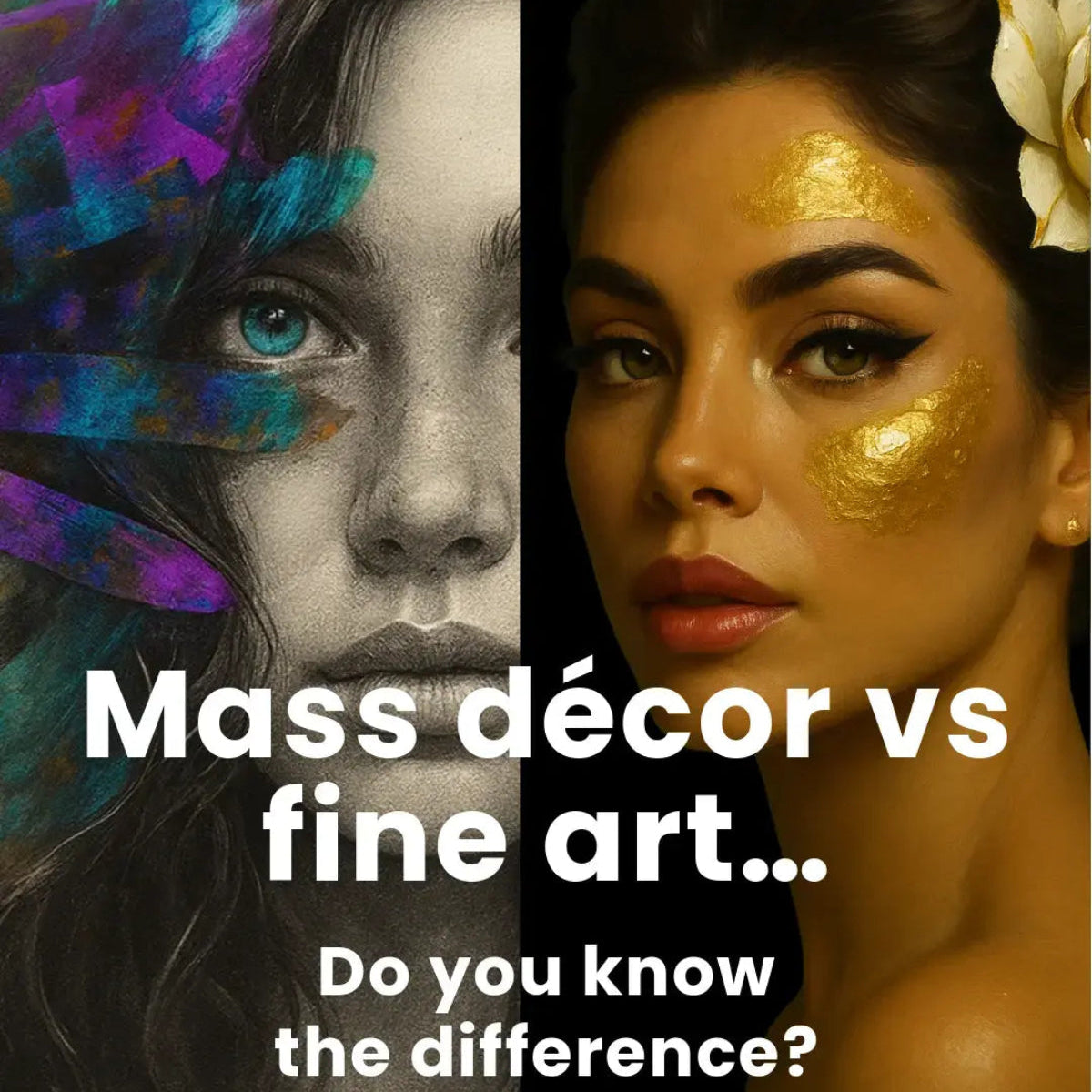 Graphic comparing mass-produced décor artwork with archival fine art prints in a Luxe Wall Art by Lisa style.