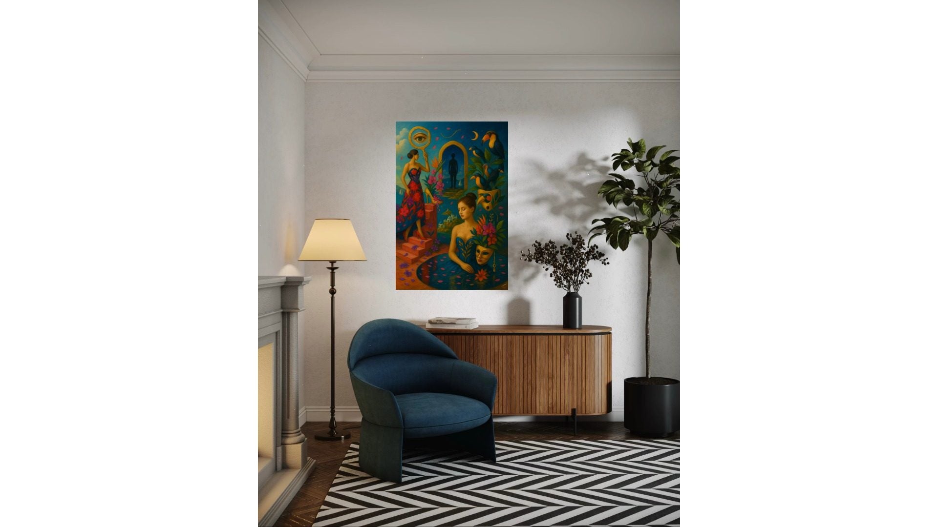 Mirrors of the Muse print, surreal feminine art with reflective symbolism, styled in a frame above modern home furnishings.